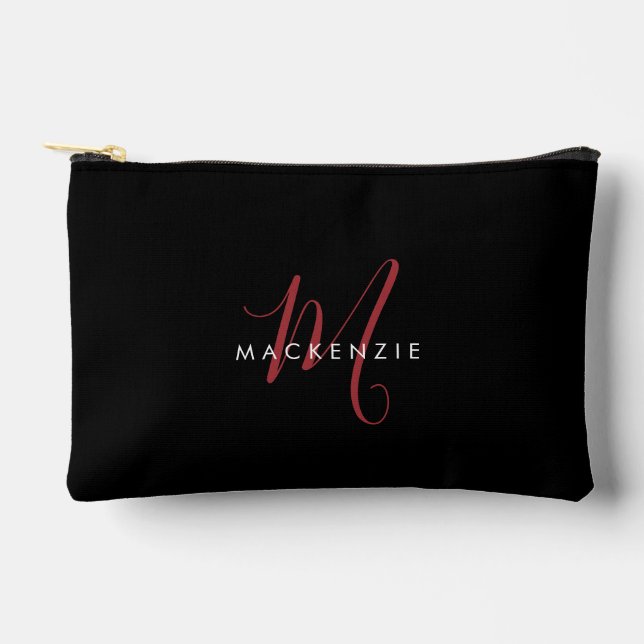 Pochette À Accessoires Monogramme Élégant Moderne Noir Rouge Script (Recto)