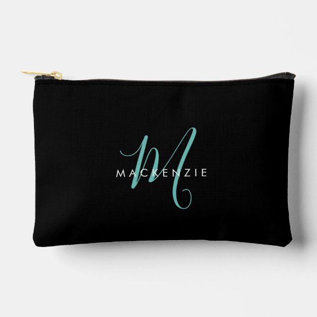 Pochette À Accessoires Monogramme élégant moderne noir sarcelle écriture (Recto)