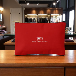 Pochette À Accessoires Monogramme et nom minimaliste simple rouge
