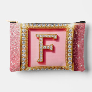 Pochette À Accessoires Monogramme F Initiale Diamant Paillettes Roses Cad