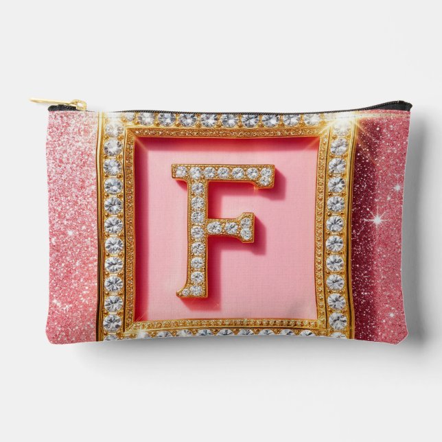 Pochette À Accessoires Monogramme F Initiale Diamant Paillettes Roses Cad (Recto)