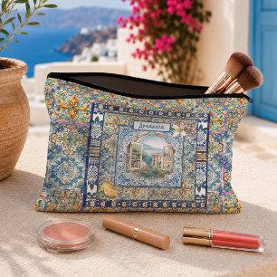 Pochette À Accessoires Monogramme Floral Citron Carrelage Italien Bleu Ét