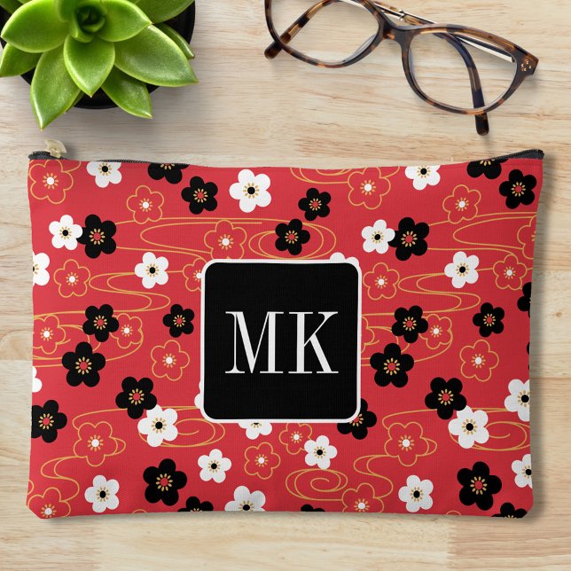 Pochette À Accessoires Monogramme Initiales Fleur de Cerisier Rouge Japon (Créateur téléchargé)