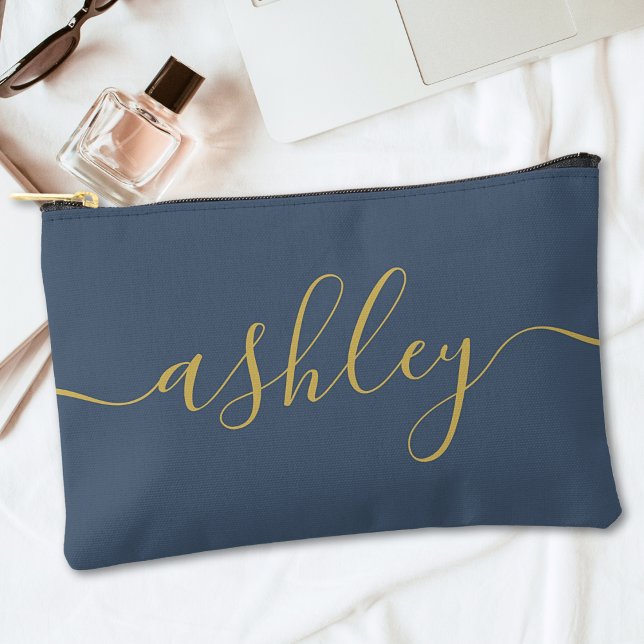 Pochette À Accessoires Monogramme Moderne Calligraphie Marine Blue Gold S (Créateur téléchargé)