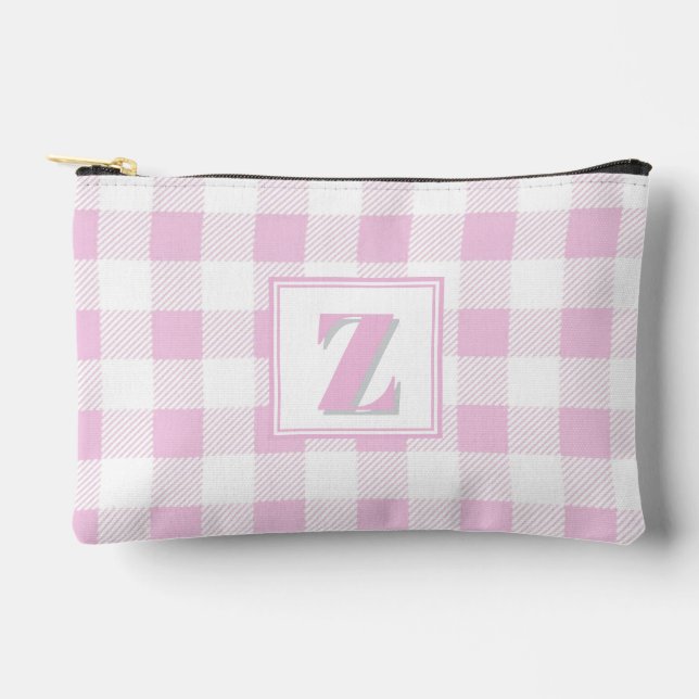 Pochette À Accessoires Monogramme personnalisable gingham rose blanc élég (Recto)