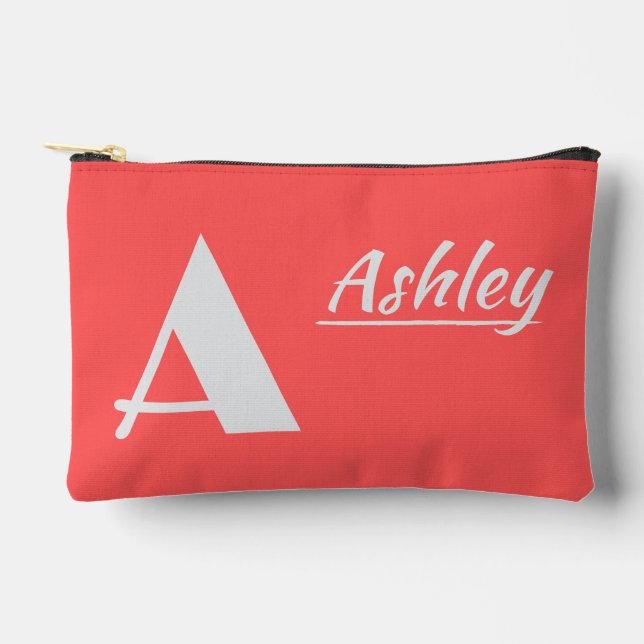Pochette À Accessoires Monogramme personnalisé initial et nom sur rouge (Recto)