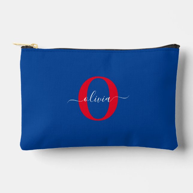 Pochette À Accessoires Monogramme personnalisé Nom du script Bleu Blanc R (Recto)