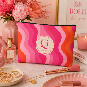 Pochette À Accessoires Monogramme personnalisé vague rétro orange rose
