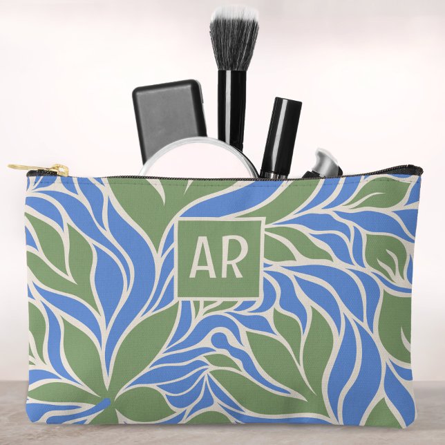 Pochette À Accessoires Monogramme personnalisé Vert & Bleu Moderne Motif  (Cool Green & Blue Modern Floral Pattern Monogram Accessory Pouch)