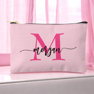 Pochette À Accessoires Monogramme rose chaud Nom de la fille Script