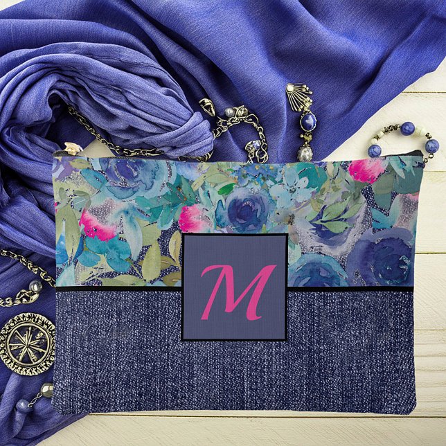 Pochette À Accessoires monogramme rose et bleu fleuri et denim (Créateur téléchargé)