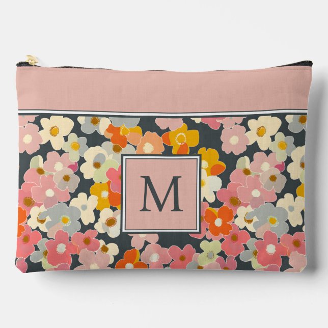 Pochette À Accessoires Monogramme rose floral moderne rétro initial (Recto)