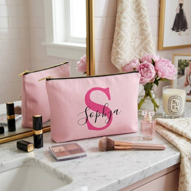 Pochette À Accessoires Monogramme rose personnalisé simple (Créateur téléchargé)