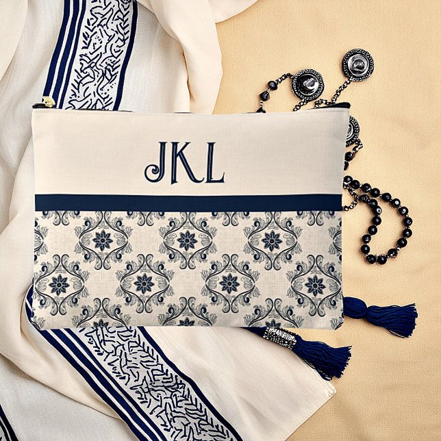 Pochette À Accessoires Monogramme vintage bleu et marron (Créateur téléchargé)