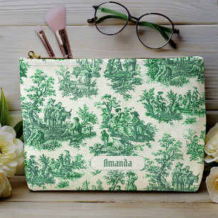 Pochette À Accessoires monogramme vintage fleuri vert toile jouy