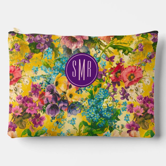 Pochette À Accessoires monogramme vintage jaune fleuri motif (Recto)