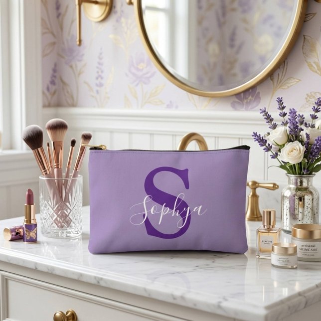 Pochette À Accessoires Monogramme Violet Simple Personnalisé (Créateur téléchargé)