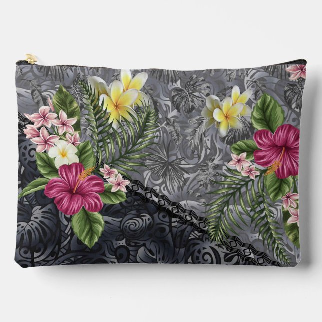 Pochette À Accessoires Monstera hawaïenne Tapa et Hibiscus (Recto)