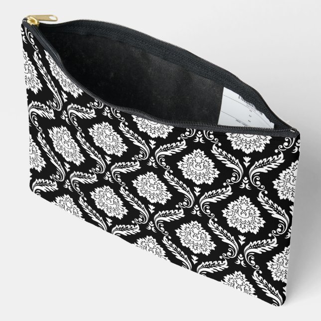 Pochette À Accessoires Motif Damassé Rococo Blanc sur Noir (Ouvrir)