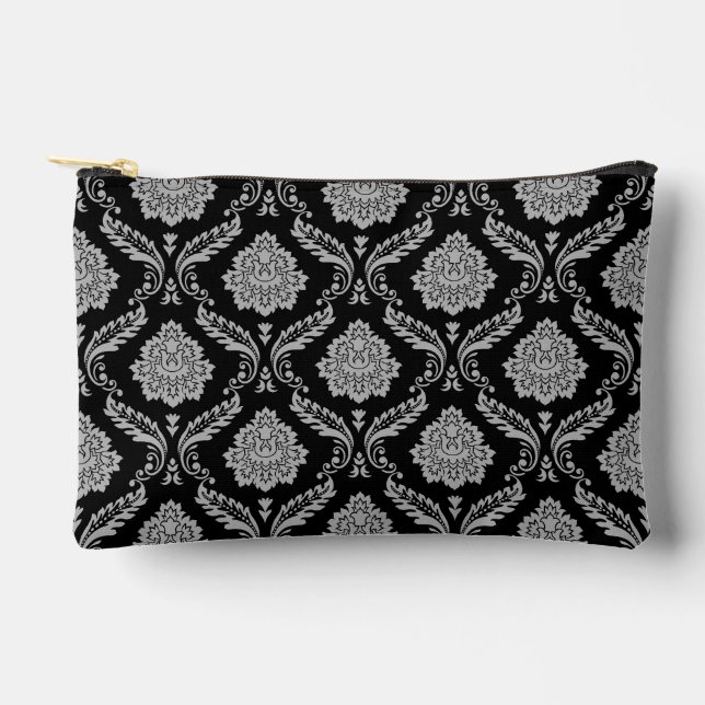 Pochette À Accessoires Motif Damassé Rococo Gris sur Fond Noir (Recto)