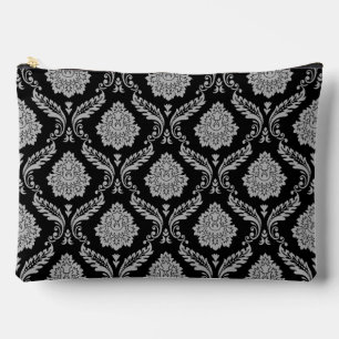Pochette À Accessoires Motif Damassé Rococo Gris sur Fond Noir