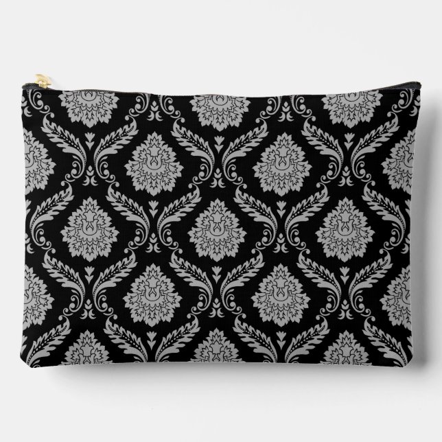 Pochette À Accessoires Motif Damassé Rococo Gris sur Fond Noir (Recto)