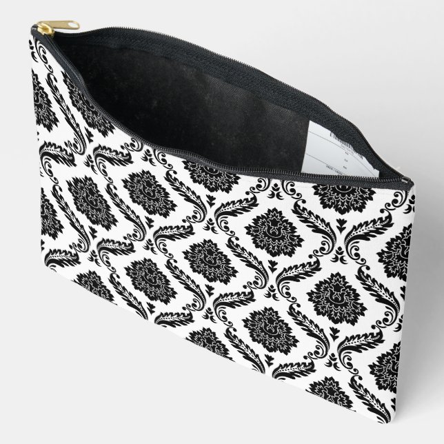 Pochette À Accessoires Motif Damassé Rococo Noir sur Blanc (Ouvrir)
