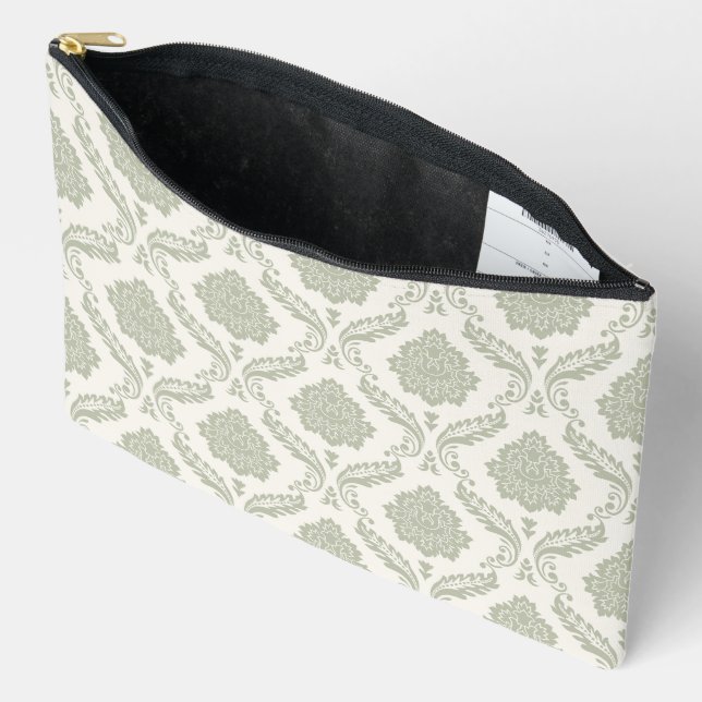 Pochette À Accessoires Motif Damassé Rococo Vert sur Crème (Ouvrir)