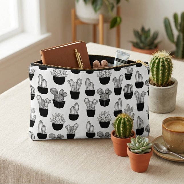 Pochette À Accessoires Motif d'art linéaire de cactus (Créateur téléchargé)