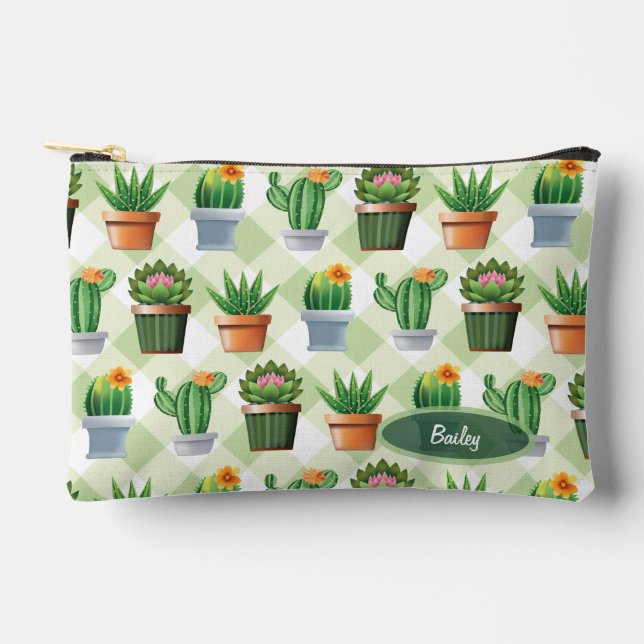 Pochette À Accessoires Motif de cactus en vichy vert (Recto)