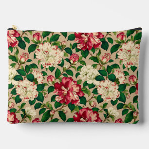 Pochette À Accessoires Motif de Camélia Japonais. Rose foncé sur Beige