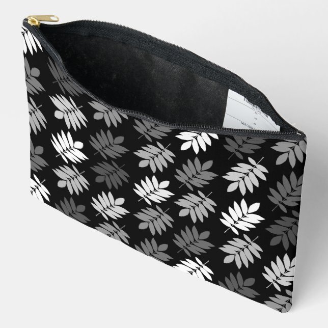 Pochette À Accessoires Motif de feuille aînée noir blanc gris (Ouvrir)