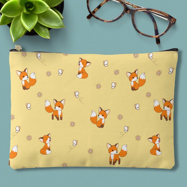 Pochette À Accessoires Motif de mignons petits renards sur jaune (Créateur téléchargé)