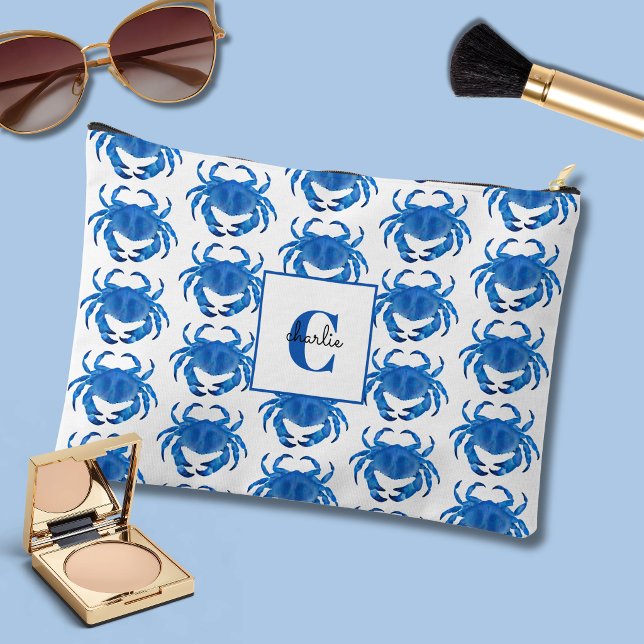 Pochette À Accessoires Motif du Crabe Bleu (Blue coastal crab small accessory pouch - personalize with your own name & initial.)