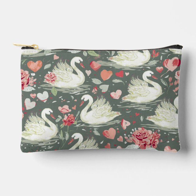 Pochette À Accessoires Motif Éléments de Cygnes & Cœurs Élégants Rustique (Recto)