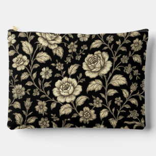 Pochette À Accessoires Motif floral de rose dorée vintage sur fond noir