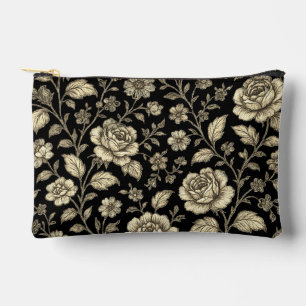 Pochette À Accessoires Motif floral de rose dorée vintage sur fond noir