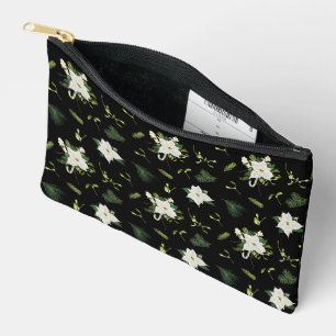 Pochette À Accessoires Motif floral vert et blanc sur fond noir moderne