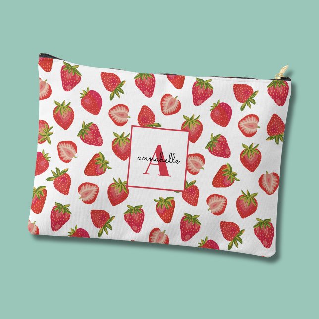 Pochette À Accessoires Motif fraise monogramme prénom (Strawberry pattern monogram cosmetic pouch)