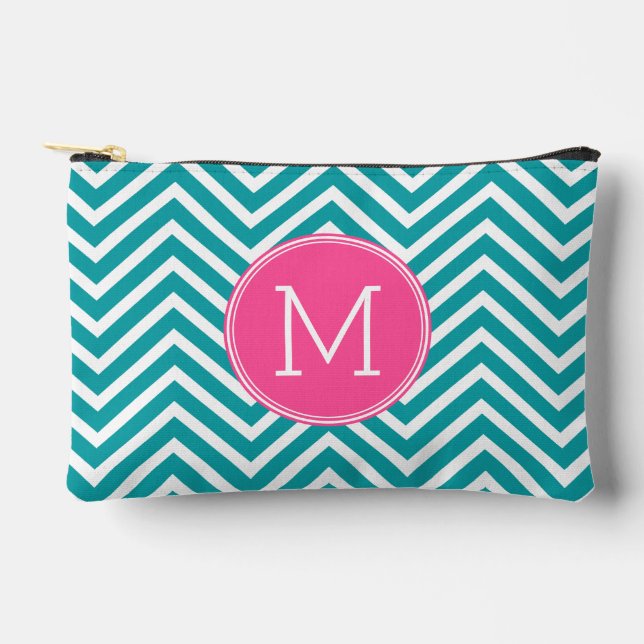 Pochette À Accessoires Motif Girl Chevron avec Monogramme - Turquoise ros (Recto)