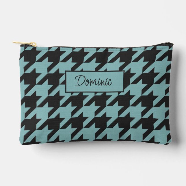 Pochette À Accessoires Motif Houndstooth Teal Bleu Vert Mousses d'Ivoire (Recto)