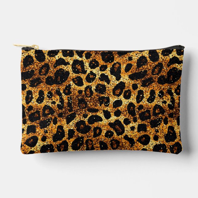 Pochette À Accessoires Motif Léopard Marron Doré Pailleté Luxe (Recto)