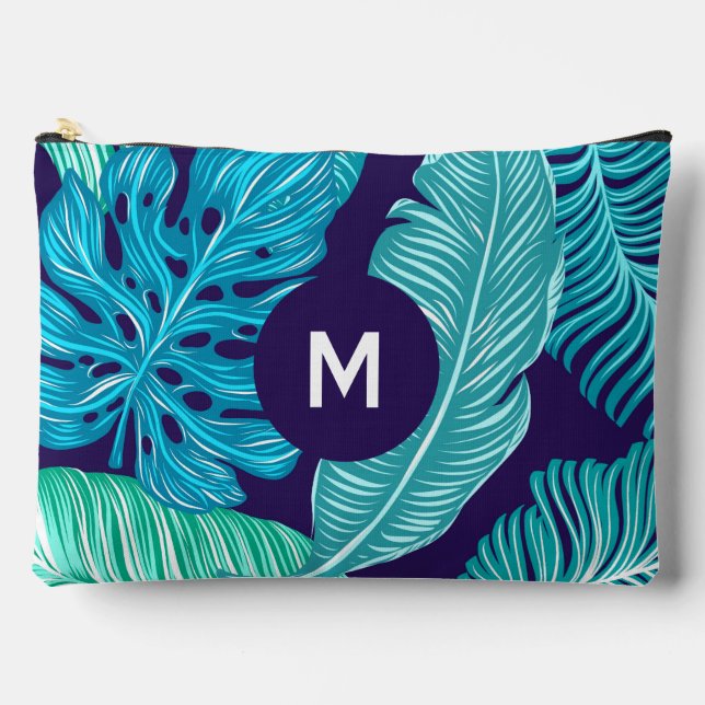 Pochette À Accessoires Motif monogramme de feuilles vert bleu tropical (Recto)