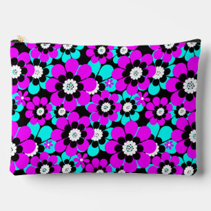 Pochette À Accessoires Motif néon floral Fleurs violettes et turquoise 
