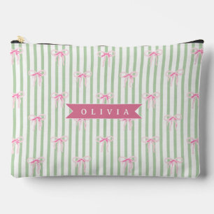 Pochette À Accessoires Nœud Rose Personnalisé Rayure Verte Coquette Prépa