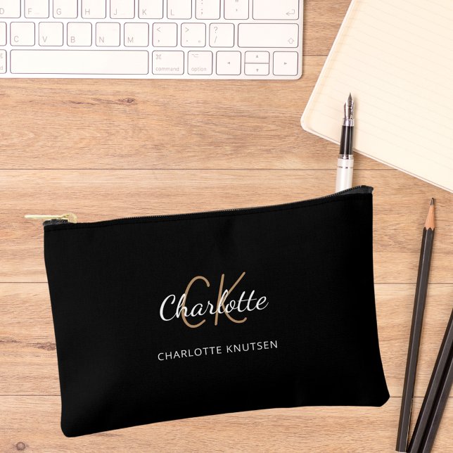Pochette À Accessoires Noir blanc nom monogramme initiales (Créateur téléchargé)