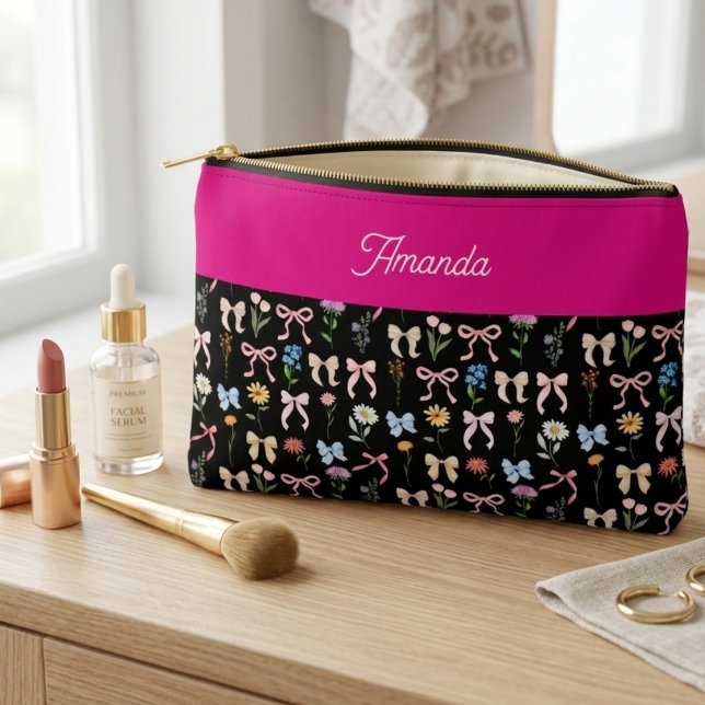 Pochette À Accessoires Noir Élégance Florale de Ruban Tendance (Créateur téléchargé)