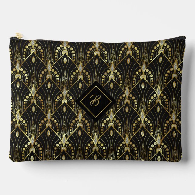 Pochette À Accessoires Noir Glittery Gold & Silver Art Déco Motif (Recto)