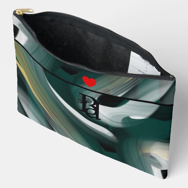 Pochette À Accessoires Noir Grand Accessoire Pouch Tendance Vert Abstrait (Ouvrir)