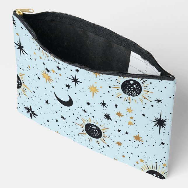 Pochette À Accessoires Noir, Or et Bleu Soleil Lune Étoiles Célestes (Ouvrir)